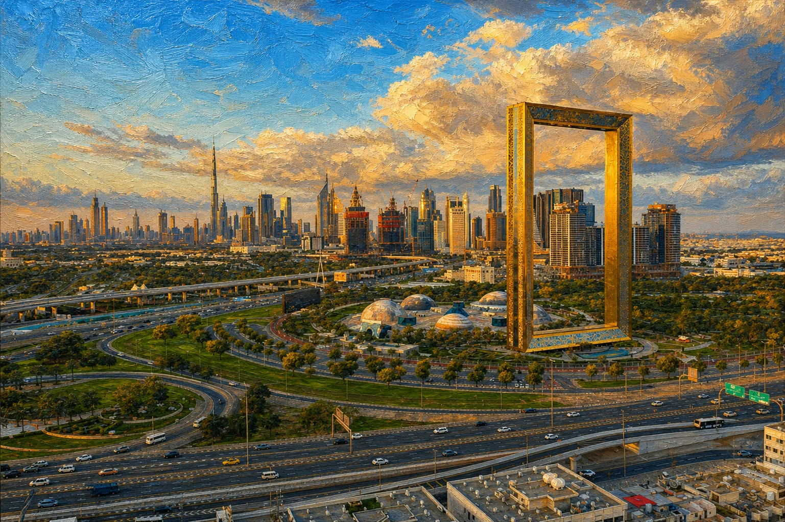 Dubai skyline and Dubai Frame